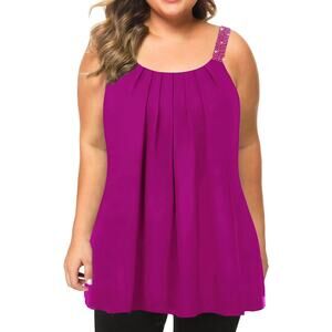 Maner Size XL Fuchsia Pink Pleated Chiffon Lined Swing Tank with Beaded Straps